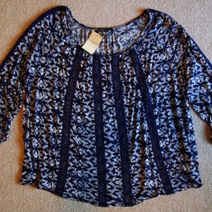 Lucky Brand Boho Peasant Crochet Indigo Blue Shirt
